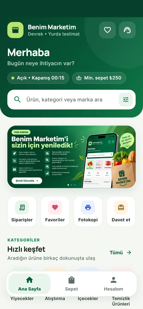 Benim Marketim uygulamasının ana sayfası: arama, kampanya görseli ve kategoriler