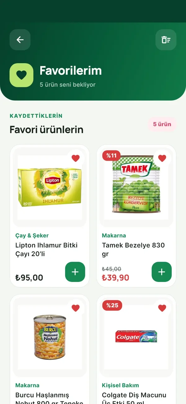 Favorilerim ekranı: kaydedilen ürünler