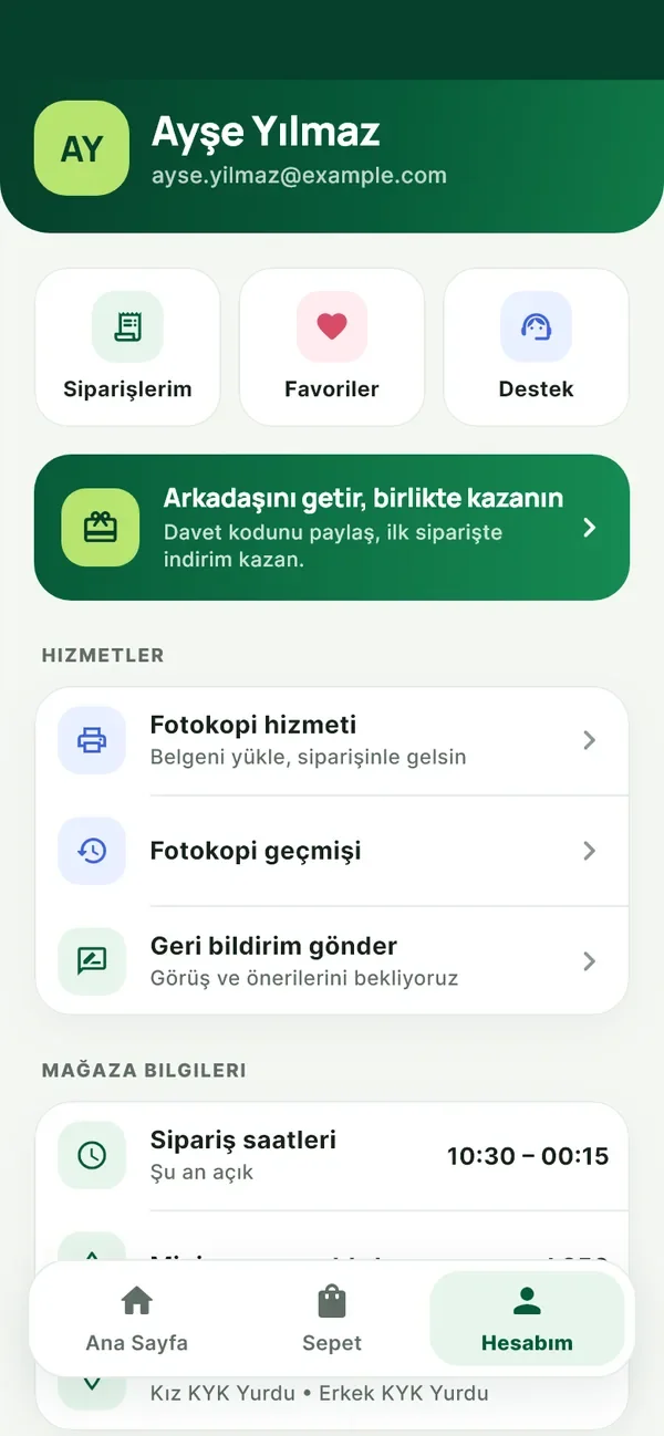 Hesabım ekranı: siparişler, favoriler, destek ve mağaza bilgileri