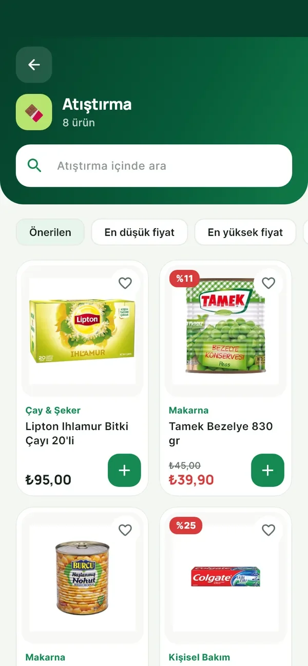 Kategori ekranı: ürün kartları, fiyatlar ve sepete ekleme düğmeleri