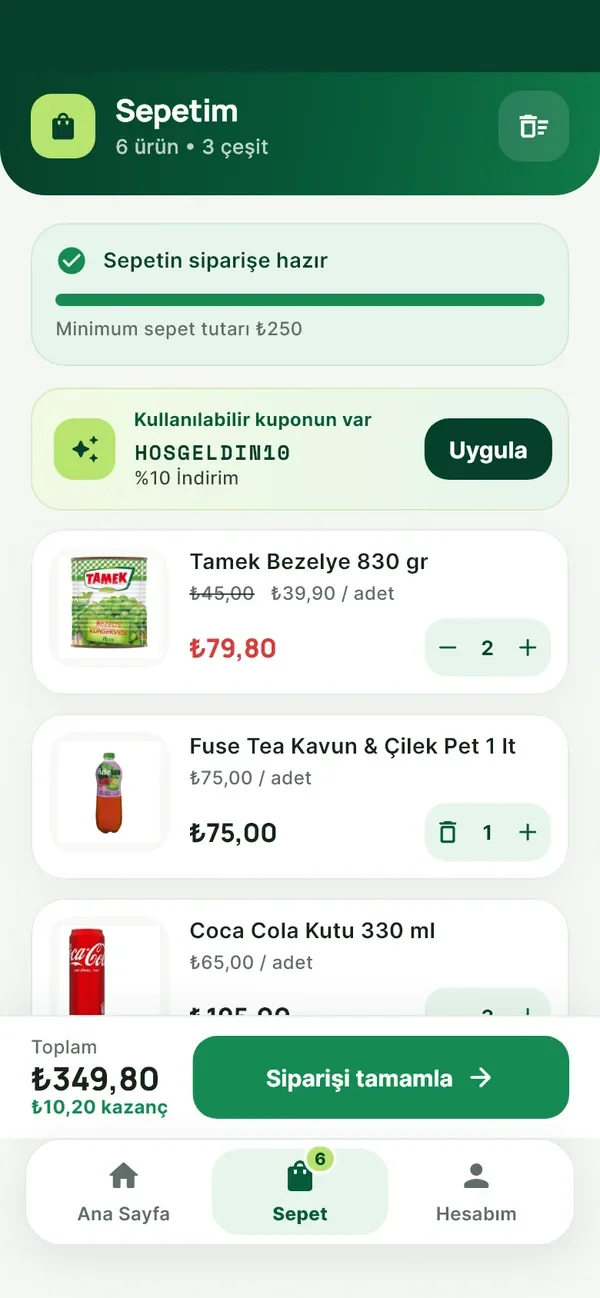 Sepet ekranı: ürünler, kupon ve siparişi tamamla düğmesi
