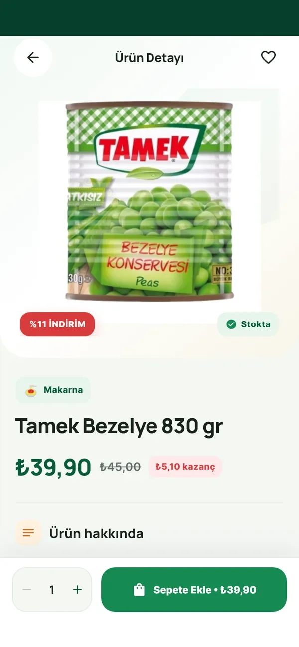 Ürün detayı ekranı: ürün görseli, fiyat ve sepete ekle düğmesi
